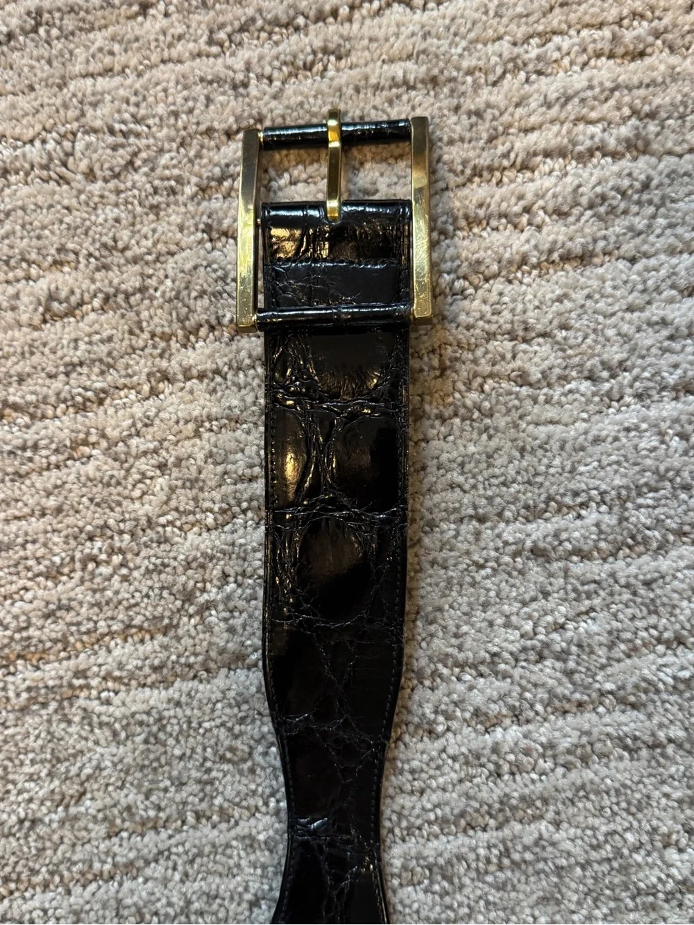 Vintage Black Embossed Leather Alligator Belt with Brass Buckle XS